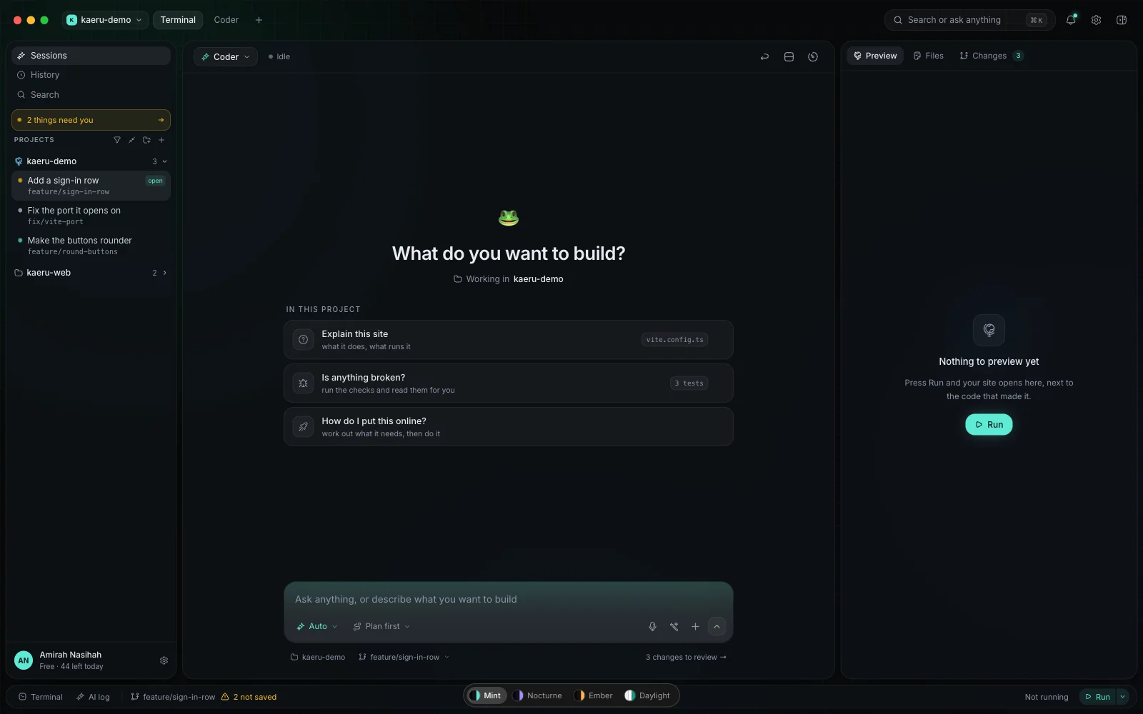 Kaeru v2 home — sessions sidebar with a branch per task, the "What do you want to build?" prompt, and the preview pane ready to run
