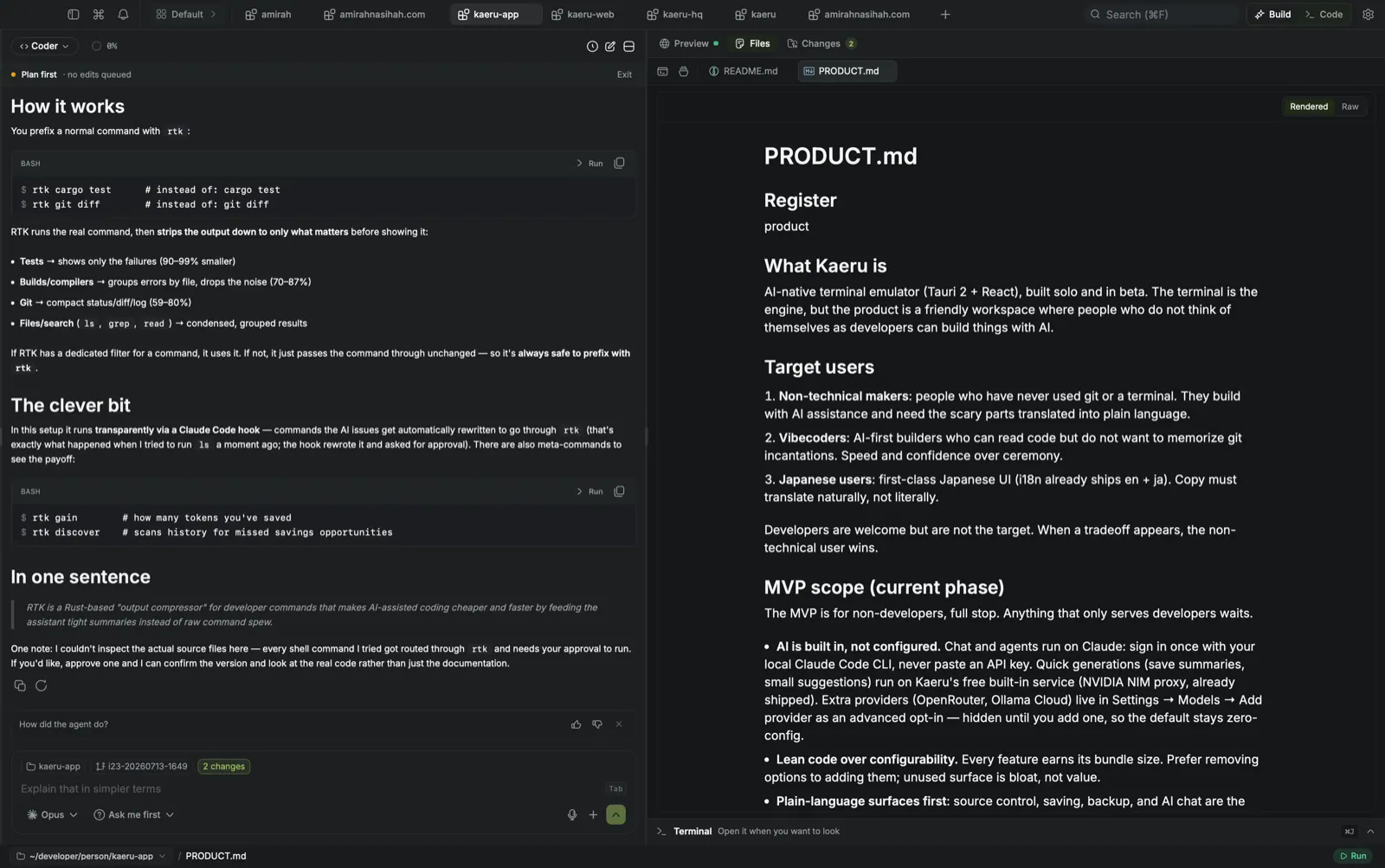 Kaeru's own product brief, open in Kaeru itself — the app is built with the app