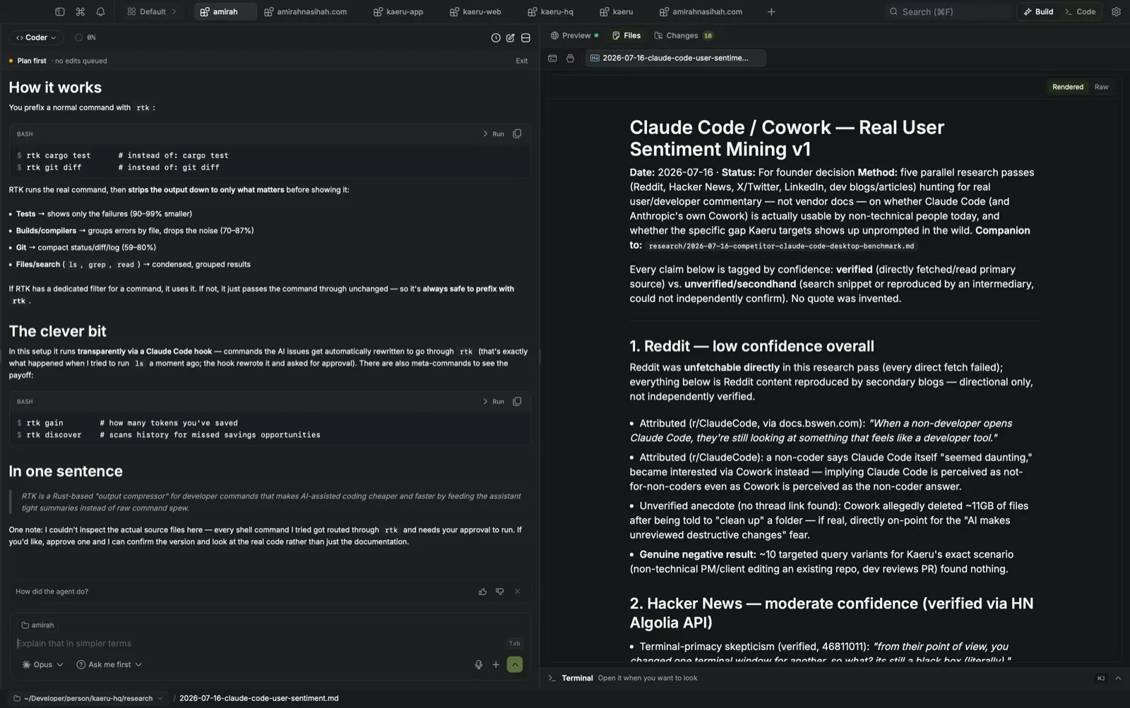 Kaeru open on a project — a Markdown note rendered in the file viewer, the terminal and AI panel a keystroke away