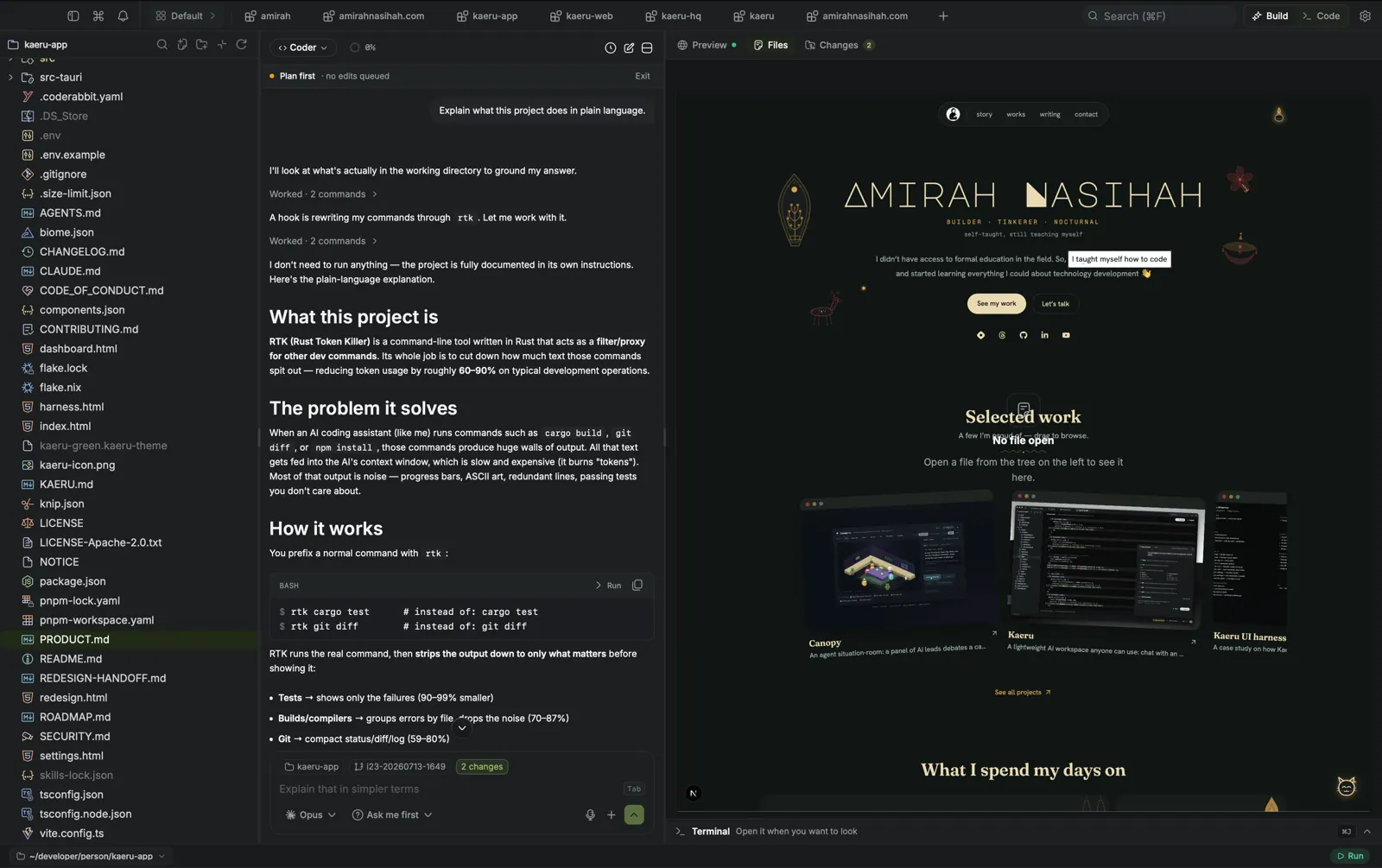 Kaeru's web preview rendering a local dev server — this very portfolio, live inside the app