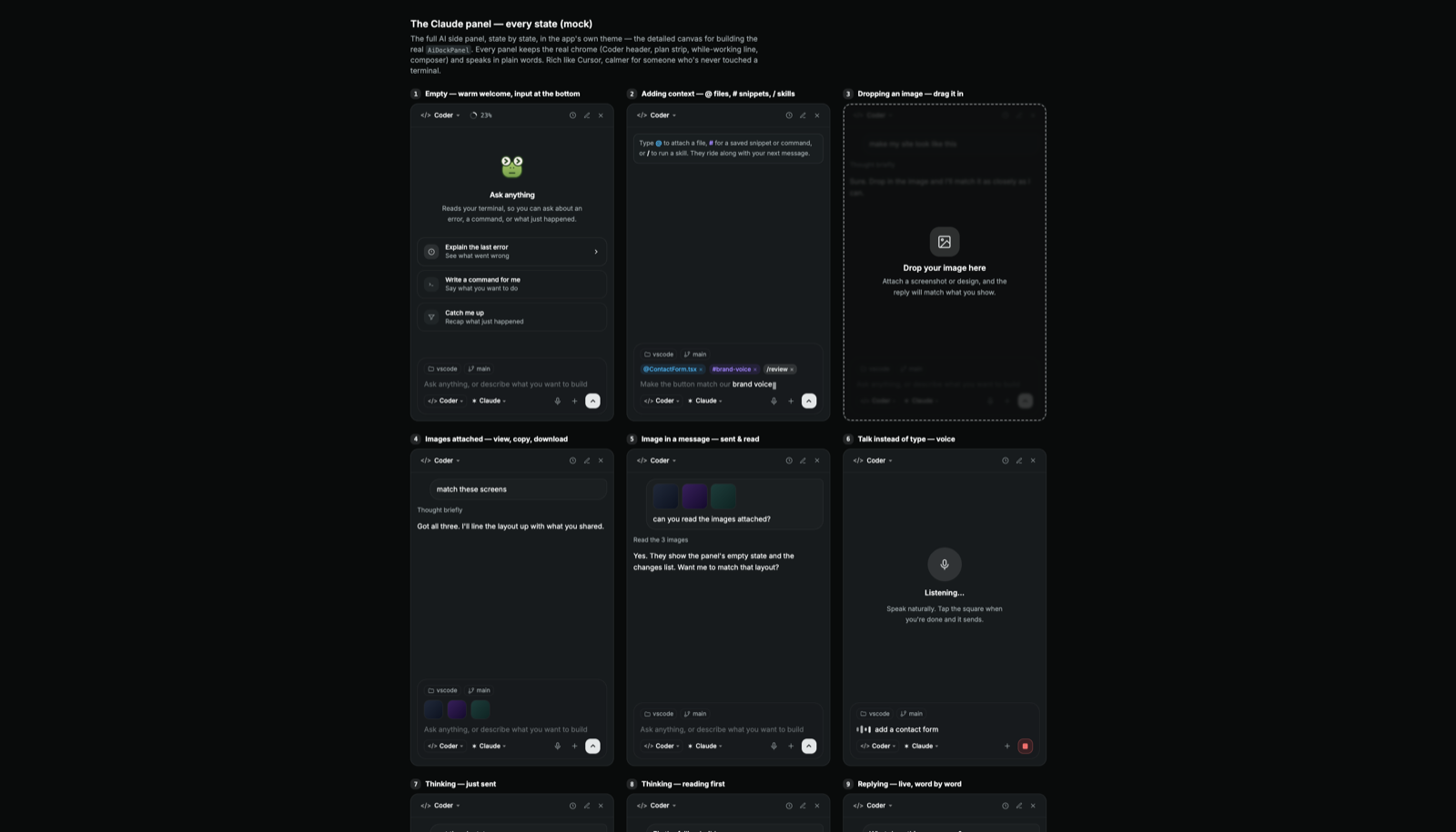 The AI panel, every state mocked in the app's own theme — empty, adding context, image drop, listening, thinking, replying
