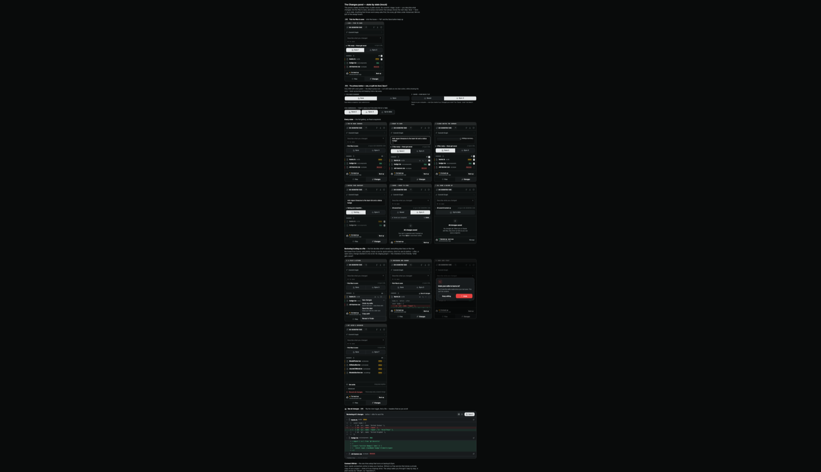 Every state of the Changes panel, designed on one board — git reframed into Save / Sync, each state annotated with its design rationale