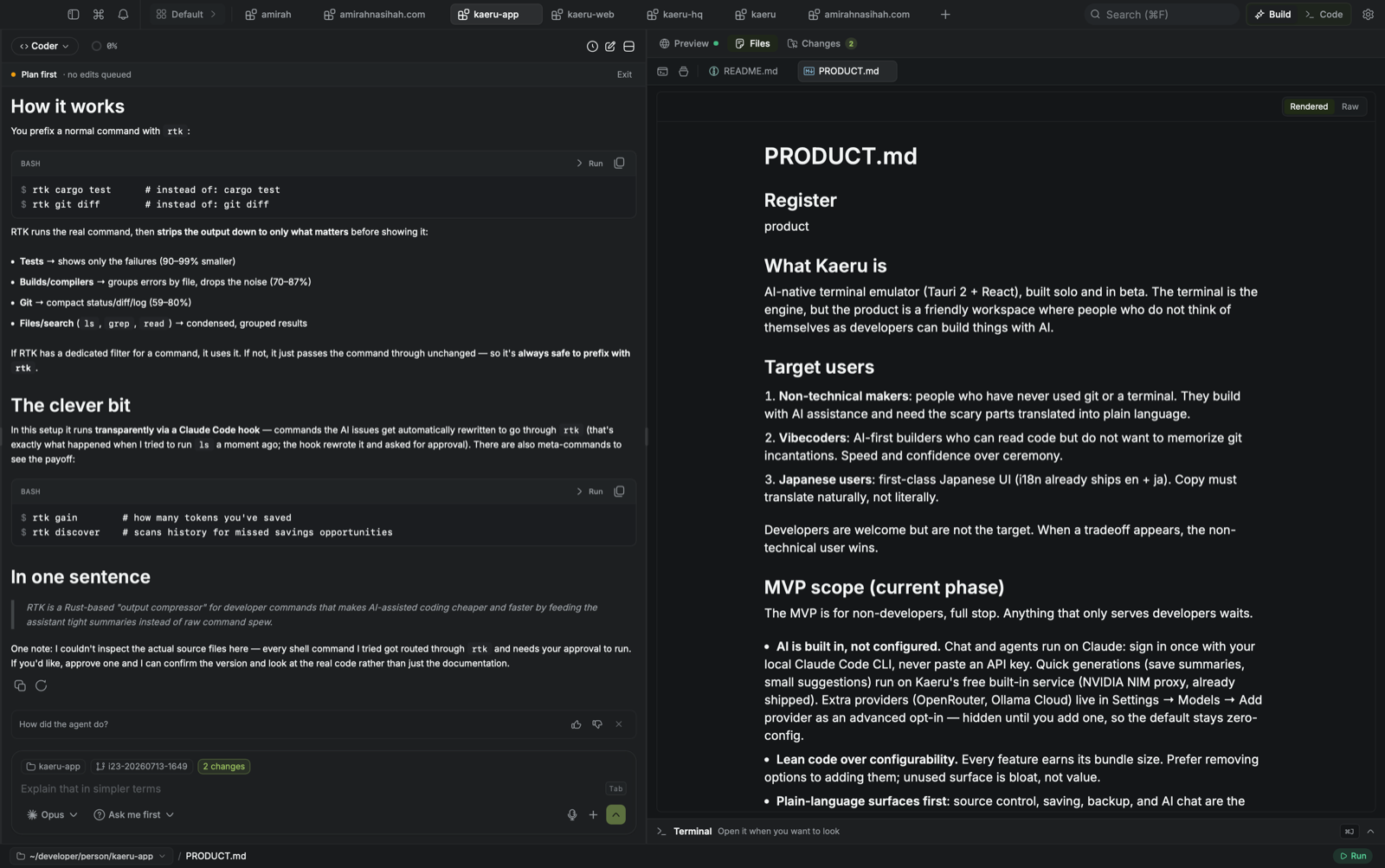 Kaeru's own product brief, open in Kaeru itself — the app is built with the app