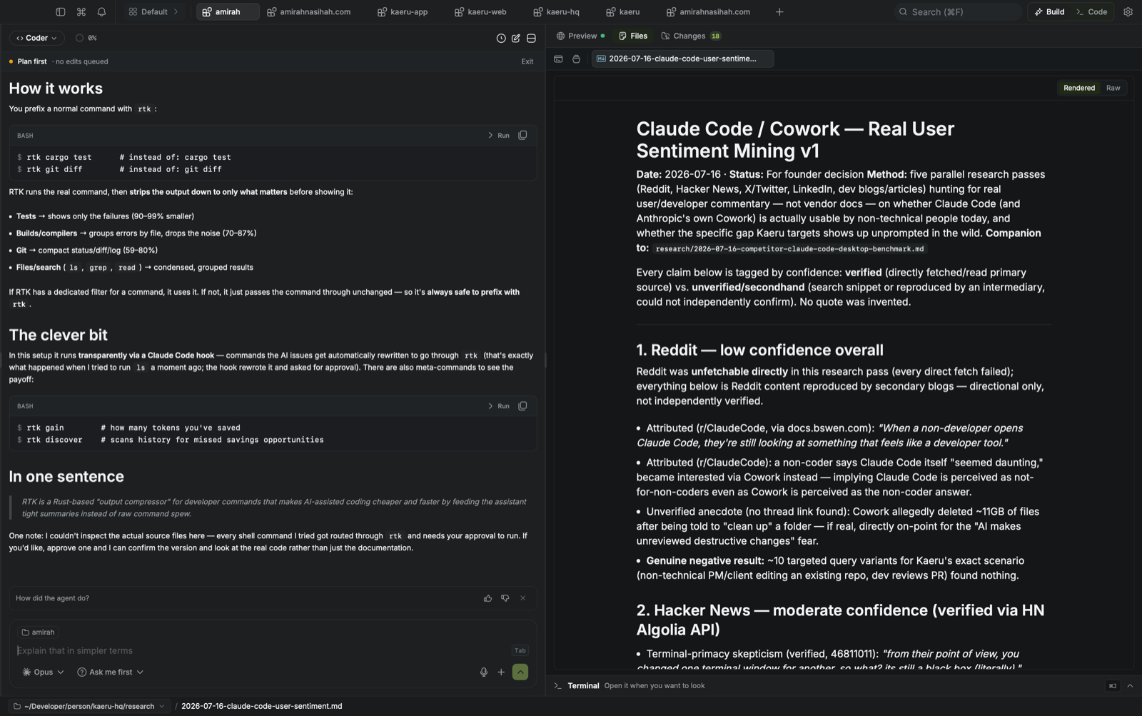 Kaeru open on a project — a Markdown note rendered in the file viewer, the terminal and AI panel a keystroke away