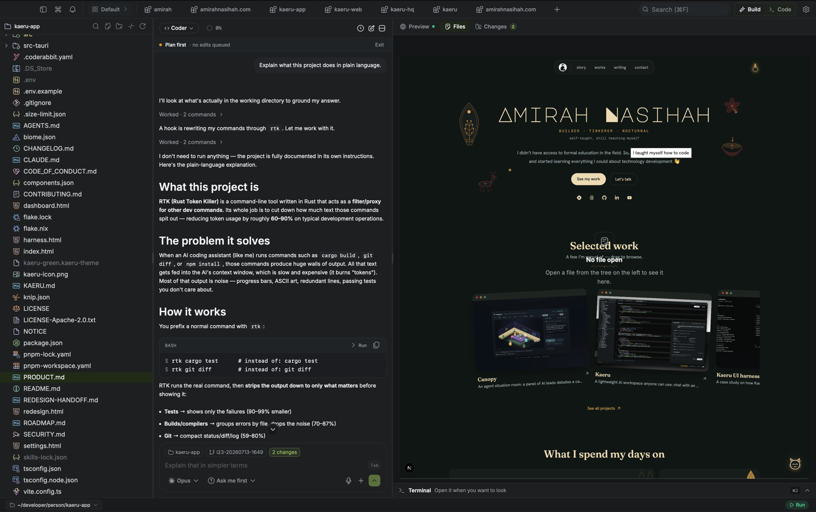 Kaeru's web preview rendering a local dev server — this very portfolio, live inside the app